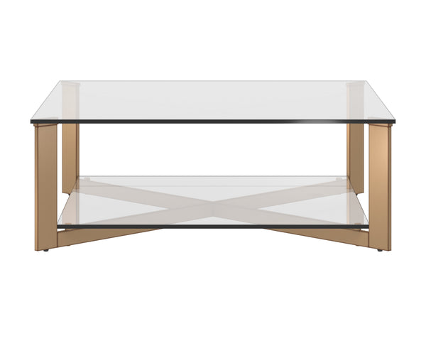 Sunpan Xavier Coffee Table - Modern Tempered Glass with Antique Brass Frame, Perfect for Stylish Decor Square - 43.25W x 43.25D x 16H