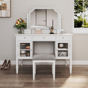 English Elm 44.4" Elegant Makeup Vanity Desk with Swivel Mirror, 5 Drawers, Cabinets & Padded Stool — White N844P292486A