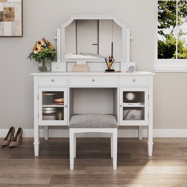 English Elm 44.4" Elegant Makeup Vanity Desk with Swivel Mirror, 5 Drawers, Cabinets & Padded Stool — White N844P292486A