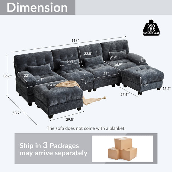 English Elm 119" 4-Seater Sofa with 2 Ottomans - Adjustable 4-Position Backrests, 350lb/Seat, Plush Chenille Blue W2606S00038