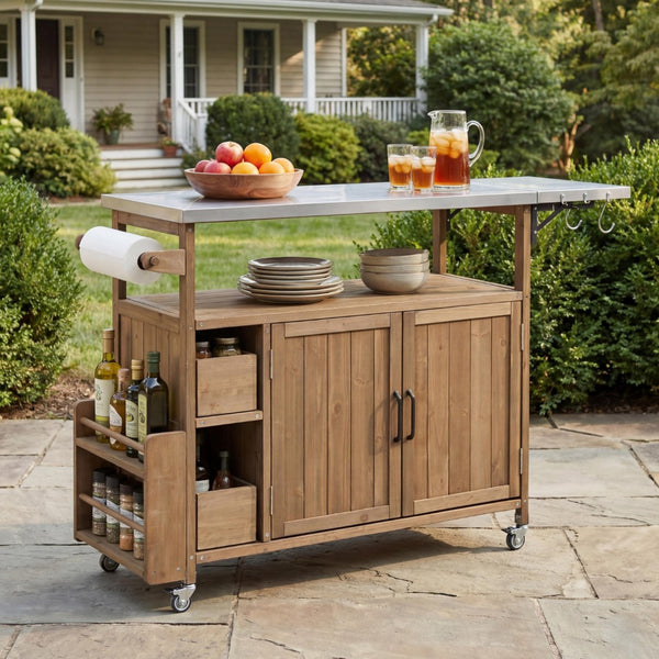 English Elm 54.33" Farmhouse Outdoor Kitchen Cart Solid Fir Frame Steel Top Storage Bbq Prep Natural N767P379702A
