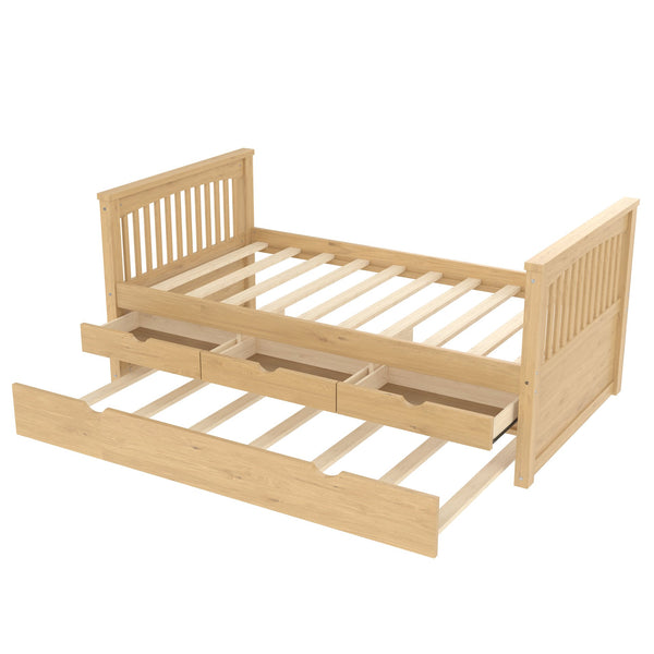 English Elm Twin Solid Wood Platform Bed with Trundle and Two Drawers, White Daybed for Kids Guests Natural W1580S00264