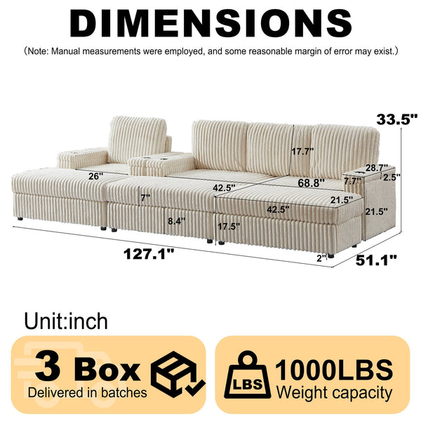 English Elm Corduroy minimalist coffee table conversion sofa set with cup grooves, recliner comfort and L-shaped layout for hosting Beige W834S00546