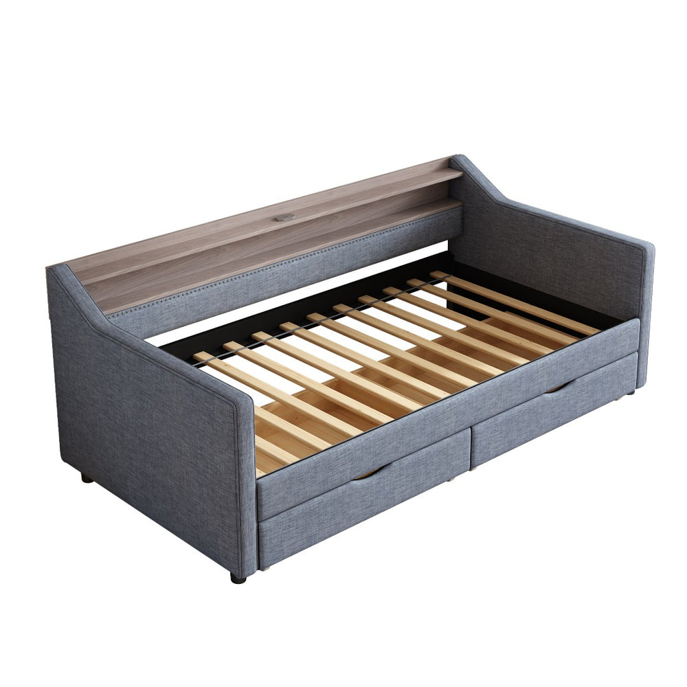 English Elm Twin Size Daybed With Smart Led Light, Usb Ports & 2 Storage Drawers - Modern Linen Sofa Frame W2336S00027-GIGA