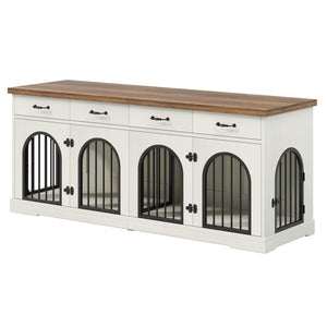 English Elm 70.8" Dual Dog Kennel Console Mdf Cabinet with Arched Iron Doors and Four Drawers N704G201616A