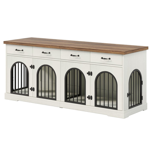 English Elm 70.8" Dual Dog Kennel Console Mdf Cabinet with Arched Iron Doors and Four Drawers N704G201616A