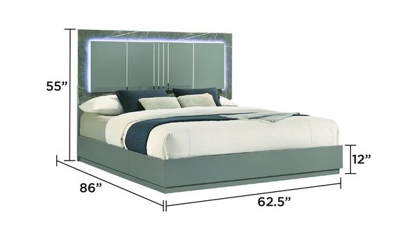 English Elm Elara Queen Bed with Two-Tone High-Gloss Marble & Lacquer Headboard, LED Lighting, Metal Legs B009S01564