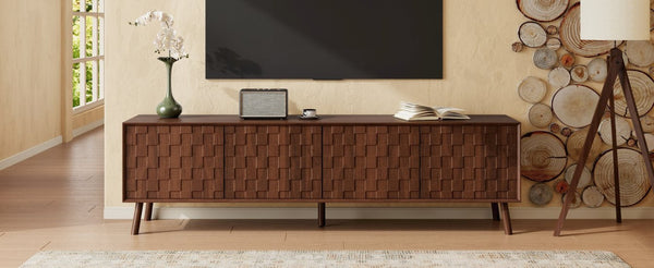 English Elm 70 Inch Fluted Entertainment Center Walnut Finish Solid Wood Legs Soft Close Storage N710P372582P