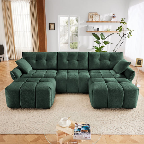 English Elm 3 Seater Sofa Set With Ottoman And Throw Pillows – Tufted Chenille Comfort, Solid Wood Frame, Durable Elegance Green W714S01162