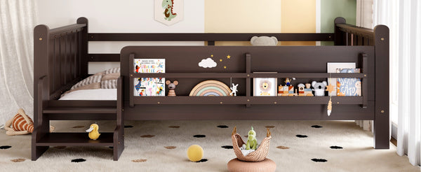 English Elm Twin Pine Floor Bed for Kids with Side Bookcases Built-in Stairs and Safety Guardrails Espresso W1580P390226
