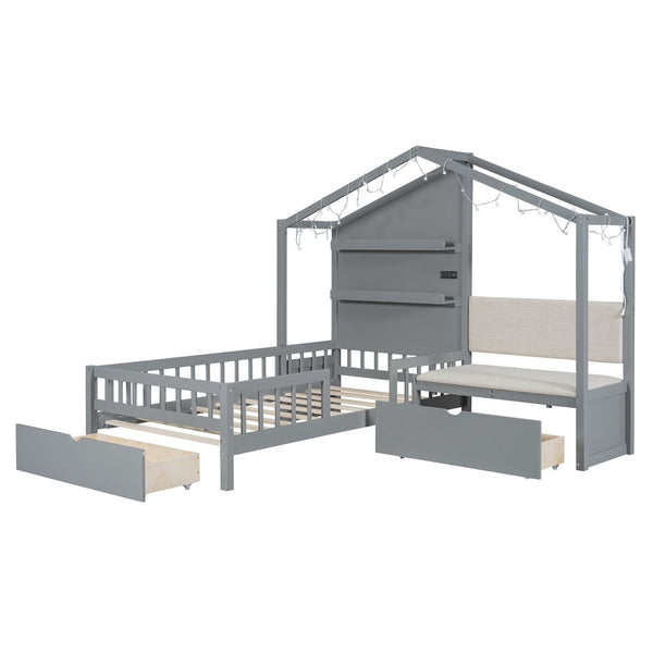 English Elm Twin House Bed Frame with Sofa Seating Led Lighting Drawers and Wireless Charging LP000521AAE-1