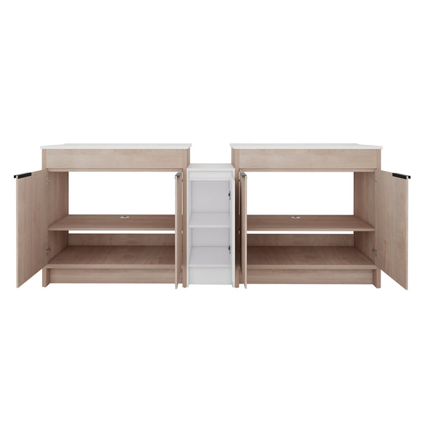 English Elm 84 Inch Freestanding Bathroom Vanity with Integrated Resin Sink, Soft-Close Doors, Shelves & Extra Storage Space Glossy White,Plain Light Oak W999S00320