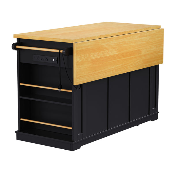 English Elm K&K 53" Large Kitchen Island Cart with Power Outlet, Drop Leaf, Soft-Close Doors, Rolling Storage Black N707P185531B