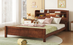 English Elm Full Pine Wood Bed with Bookcase Headboard, LED Motion Sensor, Guardrails & Ample Walnut Storage W504P281004