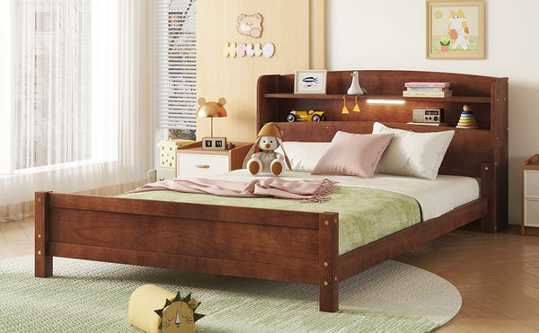 English Elm Full Pine Wood Bed with Bookcase Headboard, LED Motion Sensor, Guardrails & Ample Walnut Storage W504P281004