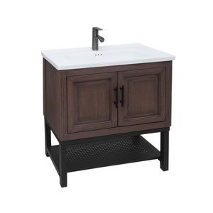 English Elm 32" Modern Bathroom Vanity with White Ceramic Seamless Sink, Textured Aluminum Faucet, Durable Hinges and Open Iron Shelf for Stylish Storage Walnut W688P224395