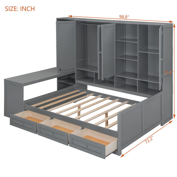English Elm Full Size Wooden Daybed With Desk, Drawers, Shelves – Stylish Space-Saving Solution In Gray! N820S00055E
