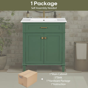 English Elm 30-inch bathroom vanity with ceramic basin, solid wood frame, soft-close doors and adjustable shelves for organized style and lasting durability Green N729P173380F