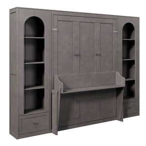 English Elm Queen Murphy Bed with Led Lighting Side Cabinets Shelving and Fold Down Desk Panel Gray N7090002226E-1