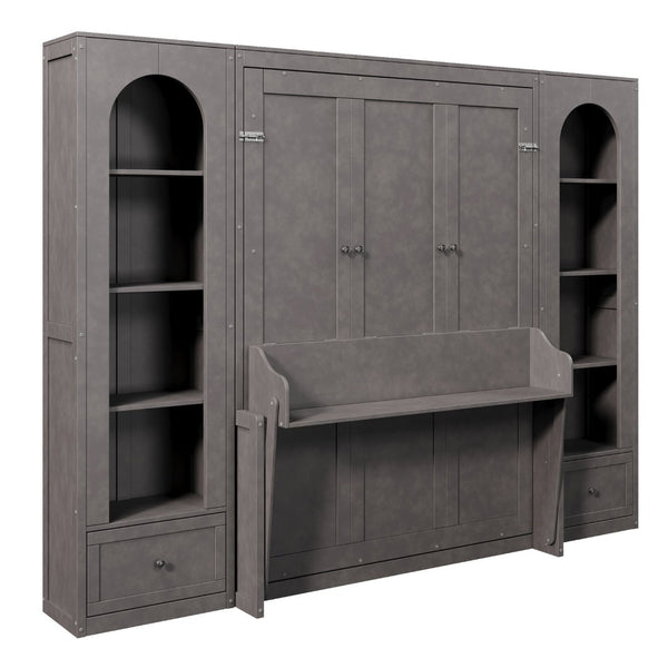 English Elm Queen Murphy Bed with Led Lighting Side Cabinets Shelving and Fold Down Desk Panel Gray N7090002226E-1