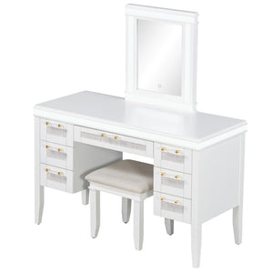 English Elm 48" Makeup Vanity Desk with Led Mirror Bamboo Weave Drawers Cushioned Stool Bedroom Light Beige N704P337484K