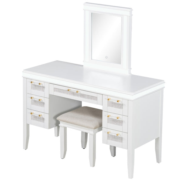 English Elm 48" Makeup Vanity Desk with Led Mirror Bamboo Weave Drawers Cushioned Stool Bedroom Light Beige N704P337484K