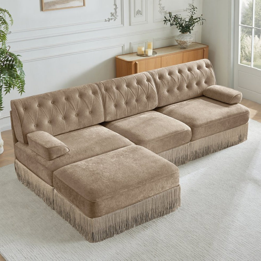 English Elm 3-seater Velvet Modular Sectional Sofa with Button Tufting Tassel Skirt Living Room Camel W714S01697