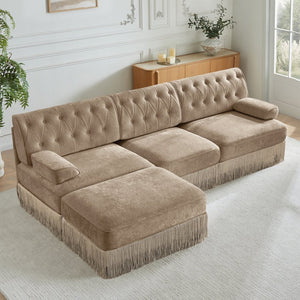 English Elm 3-seater Velvet Modular Sectional Sofa with Button Tufting Tassel Skirt Living Room Camel W714S01697