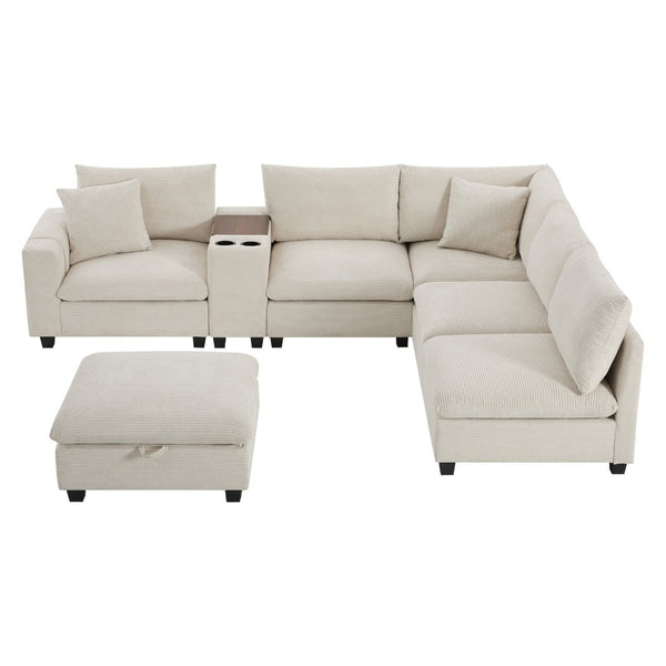 English Elm 139'' U-shaped Corduroy Sectional with Ottoman Console Usb Port and Cup Holders for Living Beige N723S1166A