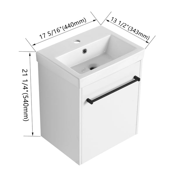 English Elm 18'' Floating Wall-Mounted Bathroom Vanity with Ceramic Sink, Soft-Close Door & Space-Saving Design Glossy White W999P236348