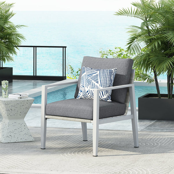English Elm Christopher Knight Home® - Silver Aluminum Lounge Chair with Gray Cushions, Rope Accents, Weather-Resistant Frame for Patio Comfort and Style N767P237034W