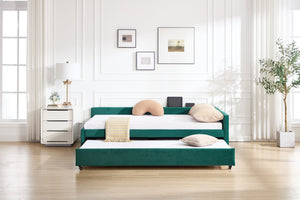English Elm Upholstered Velvet Daybed with Pull Out Trundle Diamond Tufted Guest Bedroom Sofa Emerald W1361S00065
