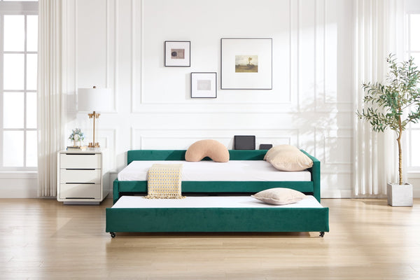 English Elm Upholstered Velvet Daybed with Pull Out Trundle Diamond Tufted Guest Bedroom Sofa Emerald W1361S00065