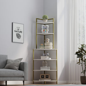 English Elm 6-Tier Corner Bookcase Gold+White Modern Open Shelves Rustic Brown Display Rack Space-Saving Stand W2167P207457