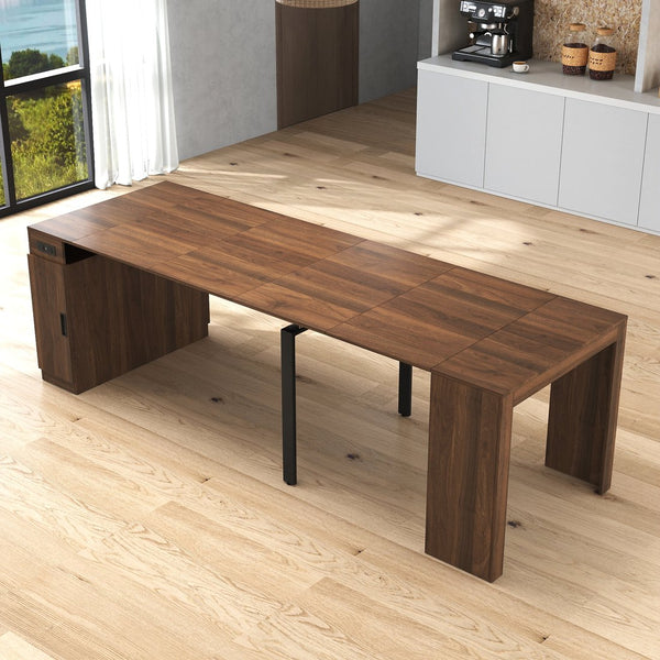 English Elm Modern Expandable Dining Table with Built-In Outlet, 5-Panel Extendable Space-Saving Design for Gatherings Walnut W331S00191