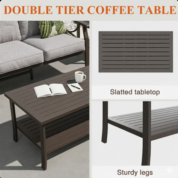 English Elm 8-piece Outdoor Conversation Set 9 Seat Steel Patio Sofa with Thick Cushions Tables Gray B082S00124