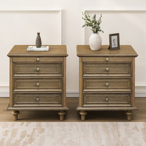 English Elm Farmhouse Nightstand Pine Wood Four Drawer Storage with Pull Out Tray Gourd Legs Light Brown W1716P399636