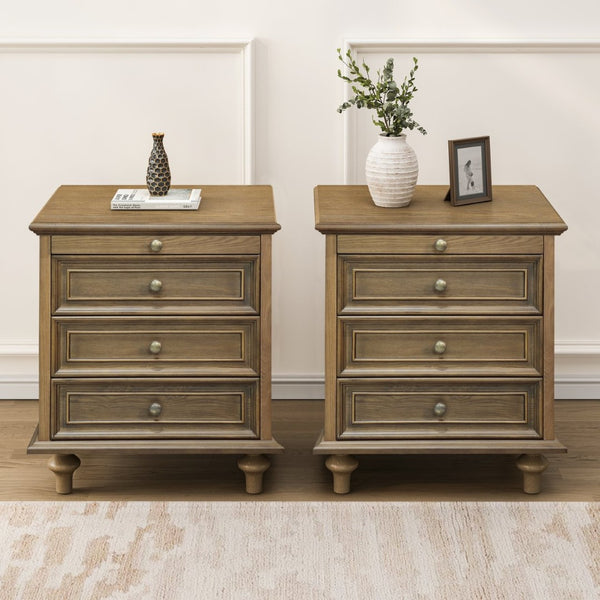 English Elm Farmhouse Nightstand Pine Wood Four Drawer Storage with Pull Out Tray Gourd Legs Light Brown W1716P399636
