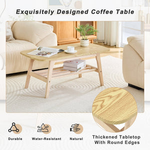 English Elm 39 Inch Solid Wood Coffee Table with Dual Open Shelves for Living Room Storage W2920P407664