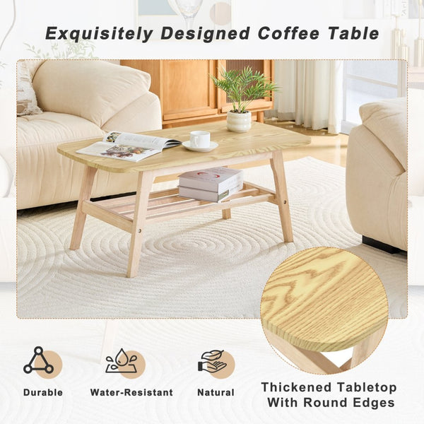 English Elm 39 Inch Solid Wood Coffee Table with Dual Open Shelves for Living Room Storage W2920P407664