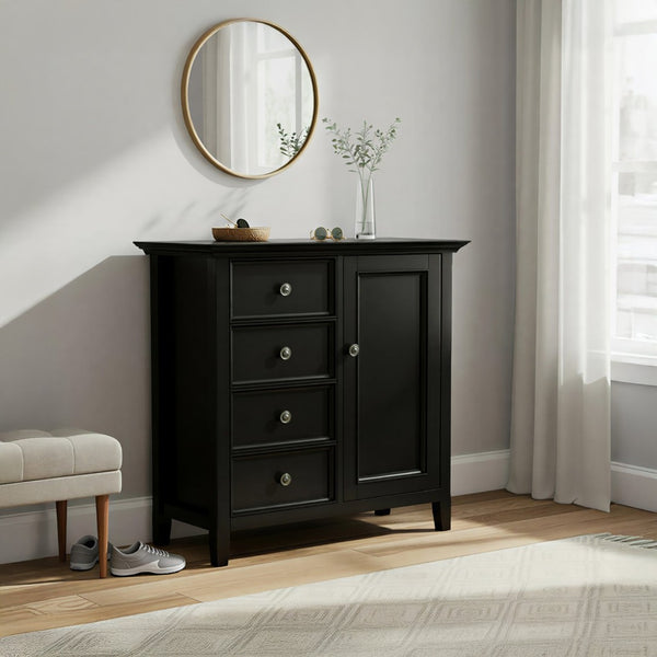 English Elm Amherst Four Drawer Pine Wood Cabinet Black Finish Bronze Hardware Entryway Storage B136P436054