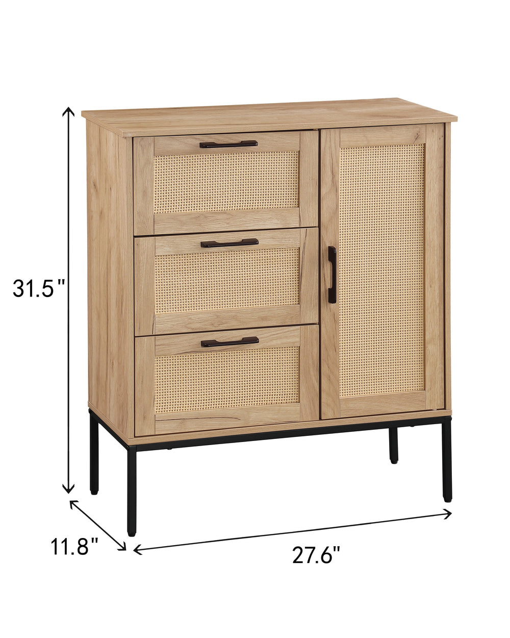 English Elm Mid Mid - Century Style Storage Cabinet with Rattan Doors, 3 Drawers, Adjustable Shelves, Natural Finish W3151P288918