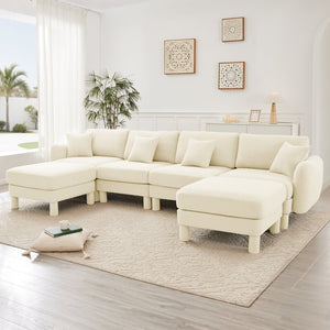 English Elm Boucle U-Shape Sectional Sofa For 4, Stylish Shell Armrests & Movable Ottomans In Beige Comfort W3041S00281