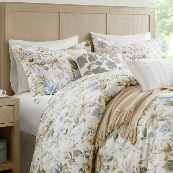 JLA Home Harbor House Blue - 5 Cotton Sateen Floral Duvet Set with Embroidered Shams & Decorative Pillows, Oeko-Tex Certified 92 L x 106 W x 0.13H HH12-1879