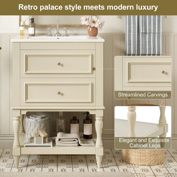 English Elm 24'' Retro Bathroom Vanity Mdf Cabinet with Ceramic Sink Open Shelf and 2 Drawers Beige N710P405414Y