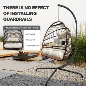 English Elm Swing Egg Chair with Stand - Foldable Wicker Rattan Hanging Basket, Safety Guardrail & Cup Holder beige brown W2707P184390