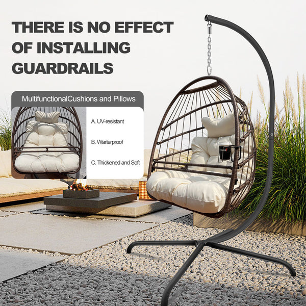 English Elm Swing Egg Chair with Stand - Foldable Wicker Rattan Hanging Basket, Safety Guardrail & Cup Holder beige brown W2707P184390