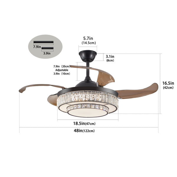 English Elm 48" Contemporary Crystal LED Retractable Ceiling Fan with Remote, 6-Speed Quiet DC Motor, Timer W1340P184909