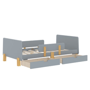 English Elm Twin Low Profile Kids Floor Bed Pine Wood Frame with Safety Rail and Built in Bookshelf Gray W1580P373243