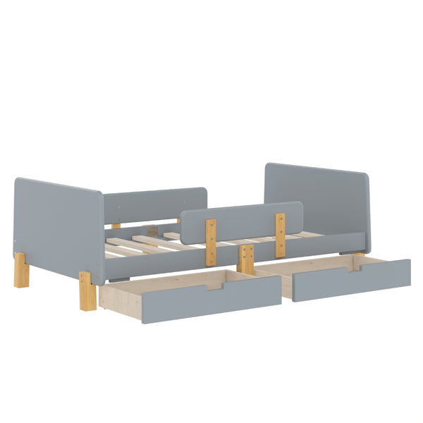 English Elm Twin Low Profile Kids Floor Bed Pine Wood Frame with Safety Rail and Built in Bookshelf Gray W1580P373243